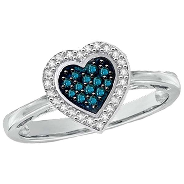 LADIES HEART RING 1/6 CT WHITE/BLUE ROUND DIAMOND 10K WHITE GOLD
