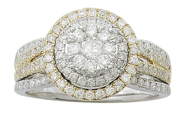 LADIES BRIDAL RING SET 1 CT ROUND DIAMOND 14K TT WHITE & YELLOW GOLD