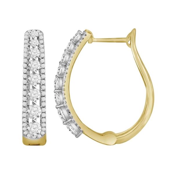 LADIES HOOPS EARRING 1 CT ROUND DIAMOND 10K YELLOW GOLD
