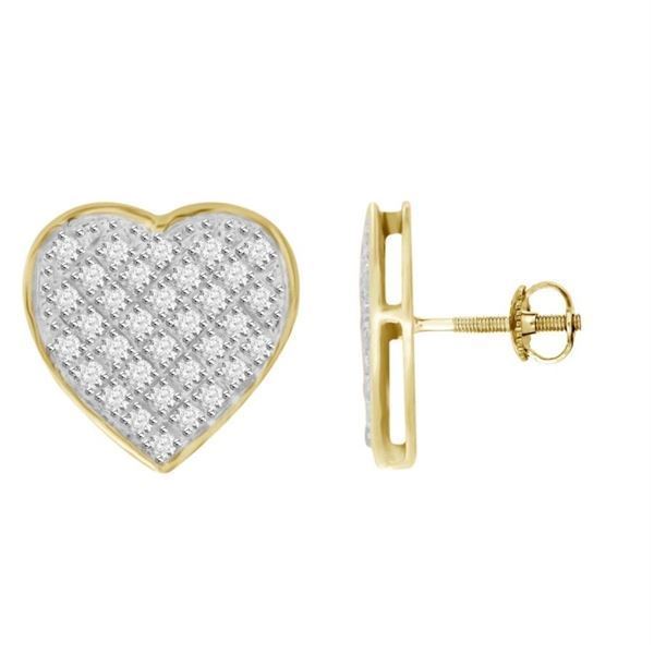 MEN'S EARRINGS 1/4 CT ROUND DIAMOND HEART SHAPE 10K YELLOW GOLD