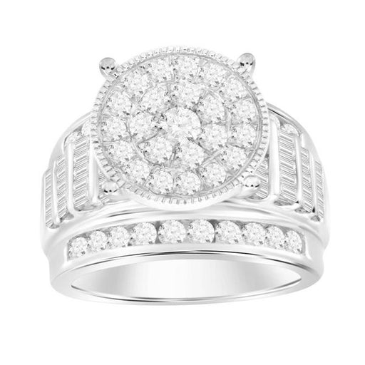 LADIES RING 2 CT ROUND/BAGUETTE DIAMOND 10K WHITE GOLD