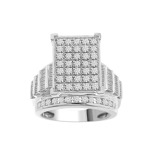 LADIES RING 2 CT ROUND/BAGUETTE DIAMOND 10K WHITE GOLD