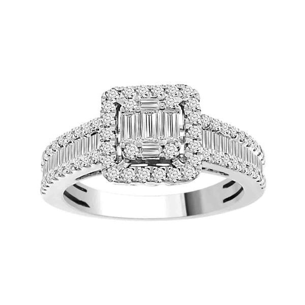 LADIES RING 1 CT ROUND/BAGUETTE DIAMOND 14K WHITE GOLD