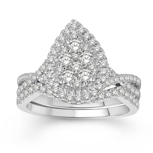 LADIES BRIDAL RING SET 1 CT ROUND DIAMOND 14K WHITE GOLD