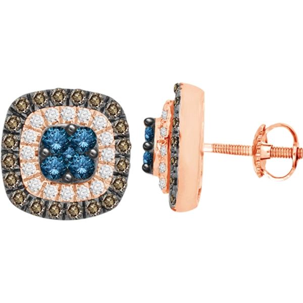 LADIES EARRINGSS 1 CT WHITE/CHOCOLATE/BLUE ROUND DIAMOND 14K ROSE GOLD