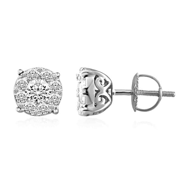 LADIES EARRINGS 1 CT ROUND DIAMOND 14K WHITE GOLD