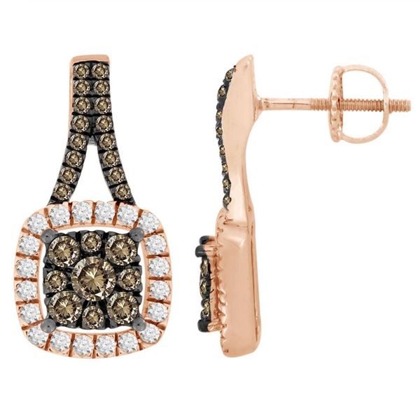 LADIES EARRINGS 3/4 CT WHITE/CHOCOLATE ROUND DIAMOND 10K ROSE GOLD