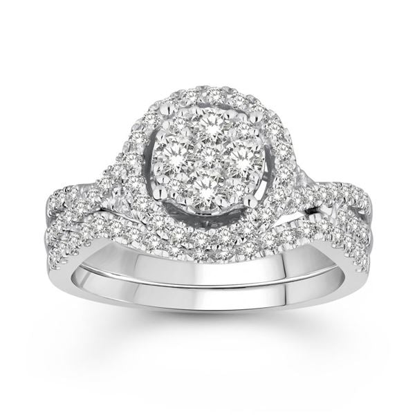 LADIES BRIDAL RING SET 1 CT ROUND DIAMOND 14K WHITE GOLD