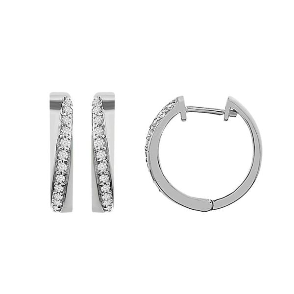 LADIES HOOPS EARRING 1/4 CT ROUND DIAMOND 10K WHITE GOLD