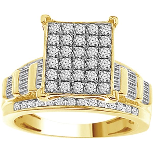 LADIES RING 1 1/2 CT ROUND/ BAGUETTE DIAMOND 10K YELLOW GOLD