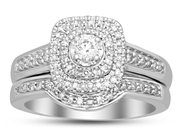 LADIES BRIDAL RING SET 1/2 CT ROUND DIAMOND 14K WHITE GOLD
