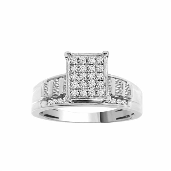 LADIES RING 1/2 CT ROUND/BAGUETTE DIAMOND 10K WHITE GOLD