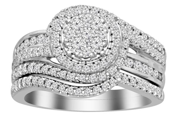 LADIES BRIDAL RING SET 1 CT ROUND DIAMOND 14K WHITE GOLD