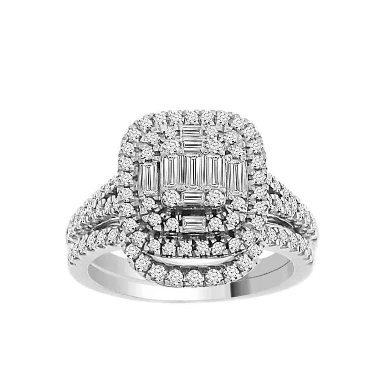 LADIES BRIDAL RING SET 1 CT ROUND/BAGUETTE DIAMOND 14K WHITE GOLD