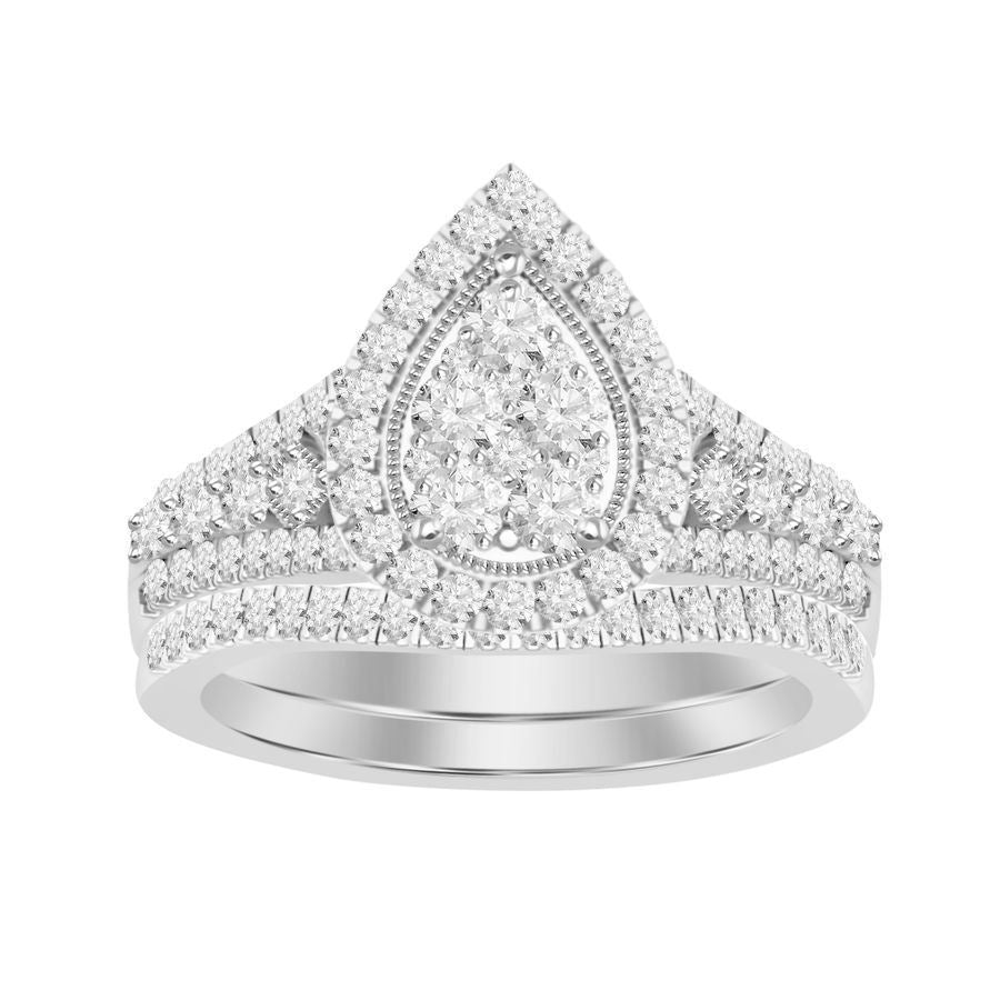 LADIES BRIDAL RING SET 1 CT ROUND DIAMOND 14K WHITE GOLD