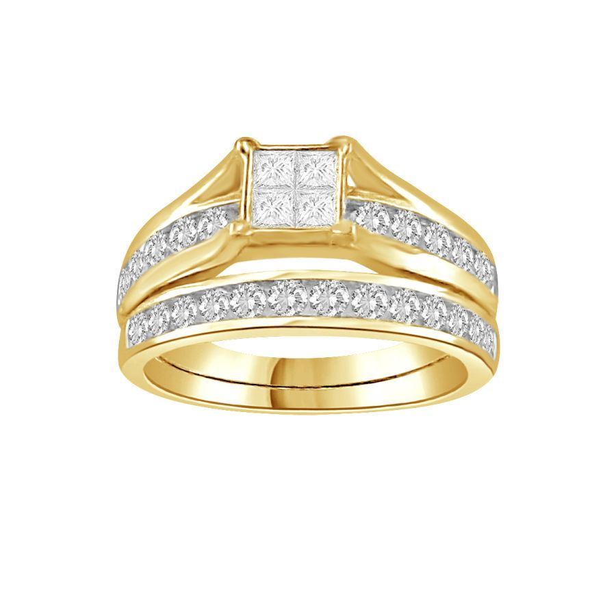 LADIES BRIDAL RING SET 1 CT ROUND/PRINCESS DIAMOND 14K YELLOW GOLD