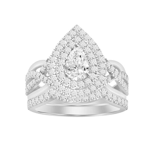 LADIES BRIDAL RING SET 1 CT ROUND/PEAR DIAMOND 14K WHITE GOLD