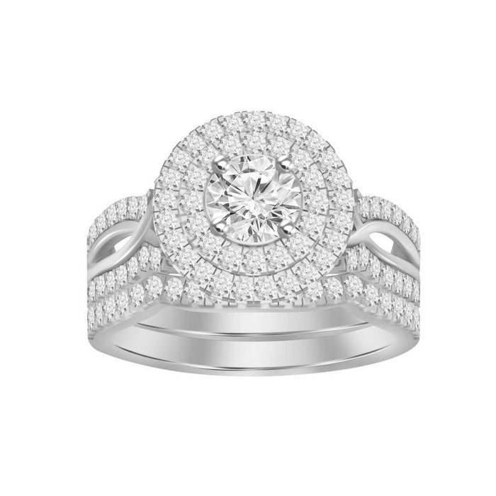 LADIES BRIDAL RING SET 1 CT ROUND DIAMOND 14K WHITE GOLD