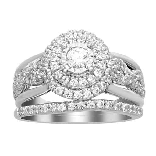 LADIES BRIDAL RING SET 1 CT ROUND DIAMOND 14K WHITE GOLD