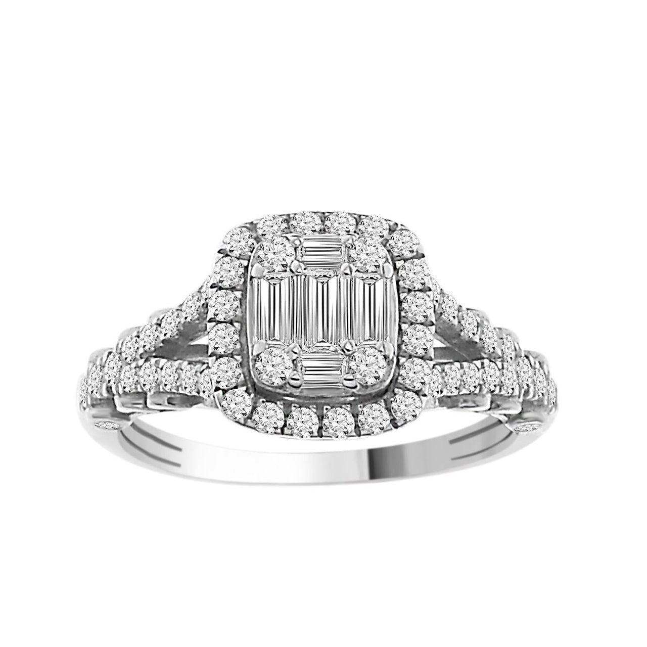 LADIES BRIDAL RING SET 1/2 CT ROUND/BAGUETTE DIAMOND 14K WHITE GOLD