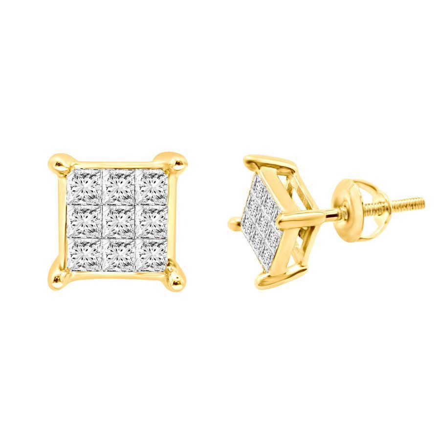 LADIES EARRINGS 1/2 CT PRINCESS DIAMOND 10K YELLOW GOLD