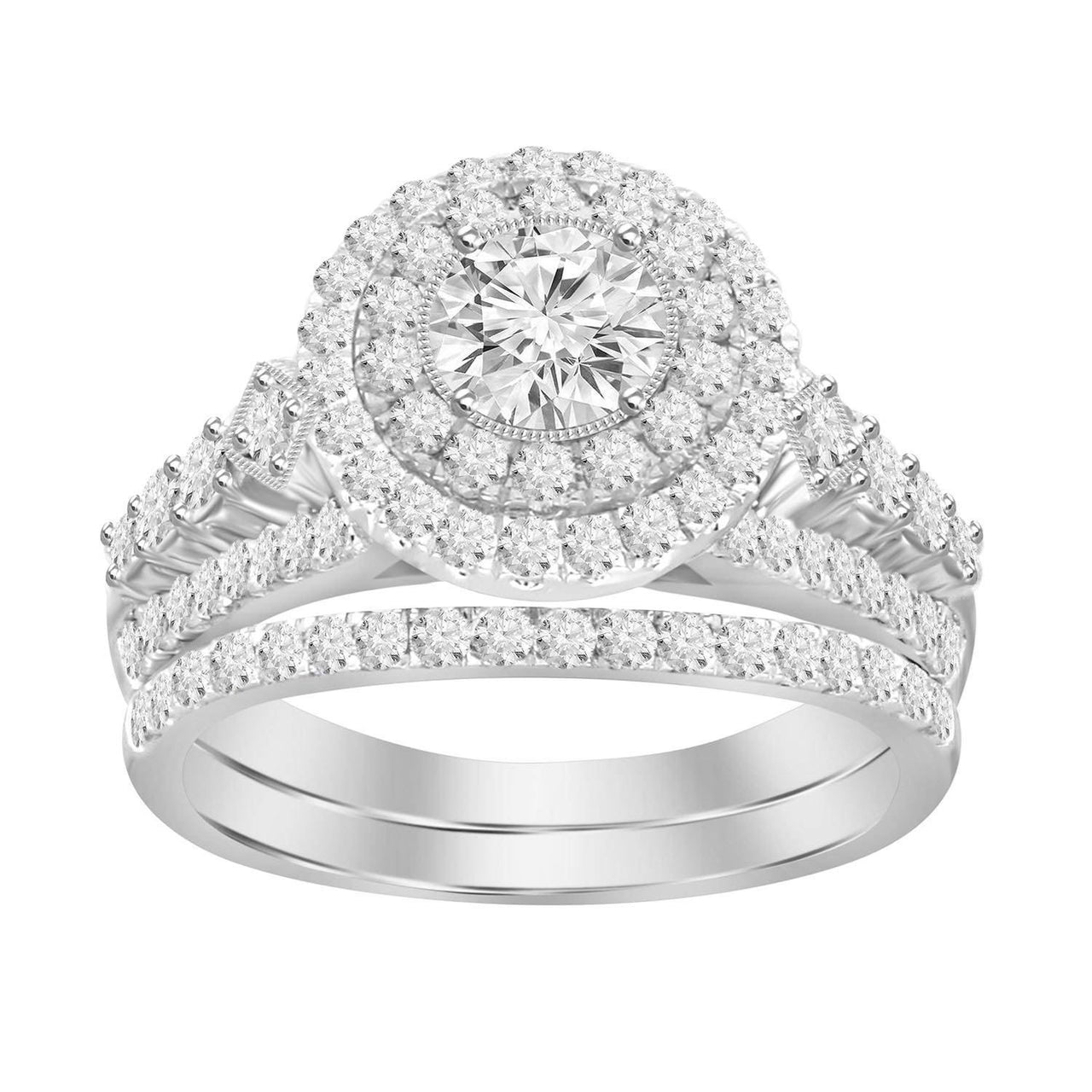 LADIES BRIDAL RING SET 1 1/2 CT ROUND DIAMOND 14K WHITE GOLD
