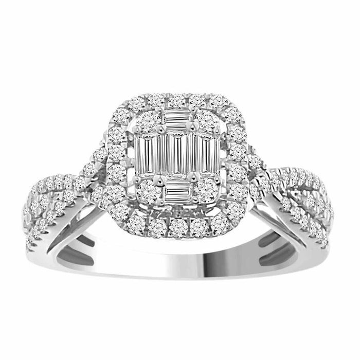 LADIES BRIDAL RING SET 7/8 CT ROUND/BAGUETTE DIAMOND 14K WHITE GOLD