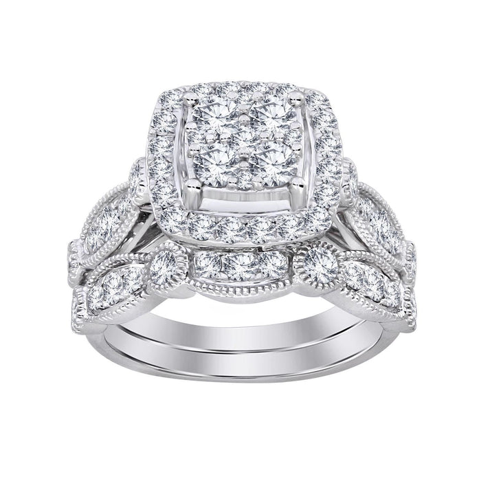 LADIES BRIDAL RING SET 1 1/2 CT ROUND DIAMOND 14K WHITE GOLD