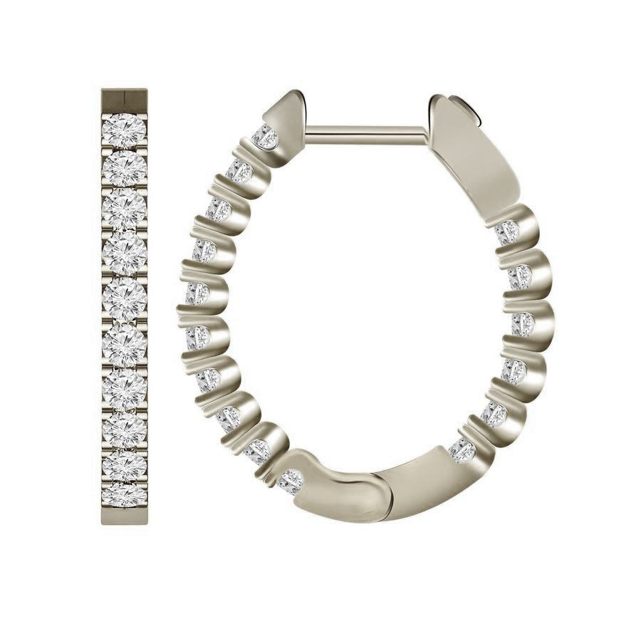 LADIES HOOPS 1 CT ROUND DIAMOND 14K WHITE GOLD
