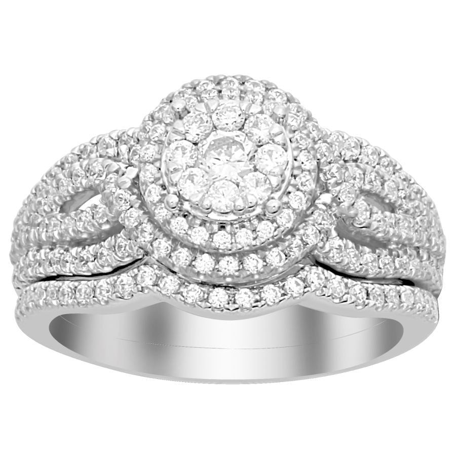 LADIES BRIDAL RING SET 1 CT ROUND DIAMOND 14K WHITE GOLD