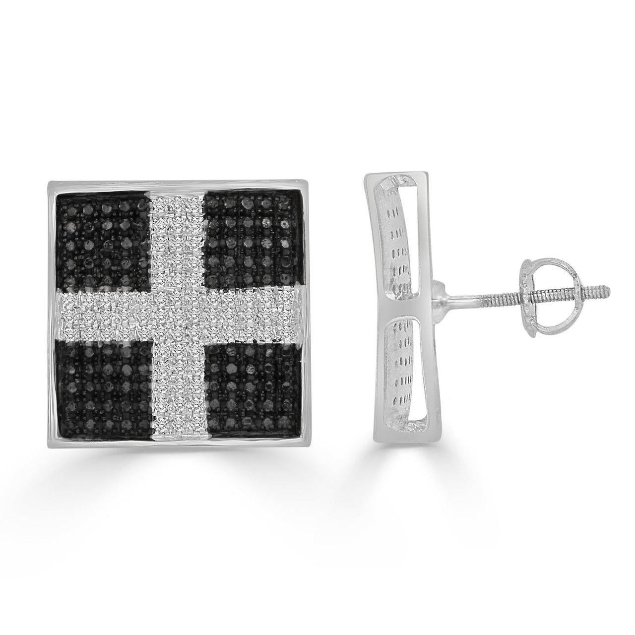 MEN'S EARRINGS 1/2 CT BLACK/WHITE ROUND DIAMOND SILVER