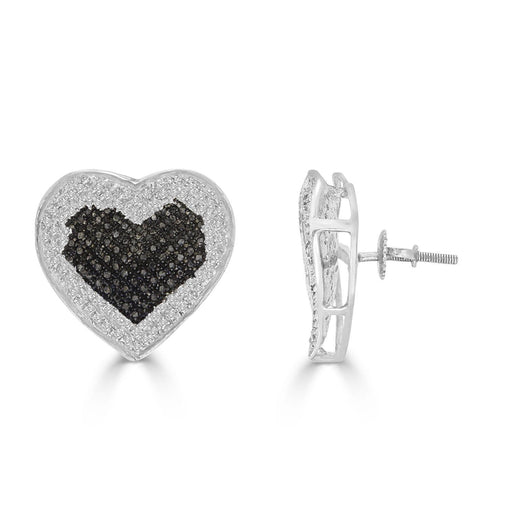 LADIES HEART EARRINGS 3/8 CT WHITE/BLACK ROUND DIAMOND STESILVER