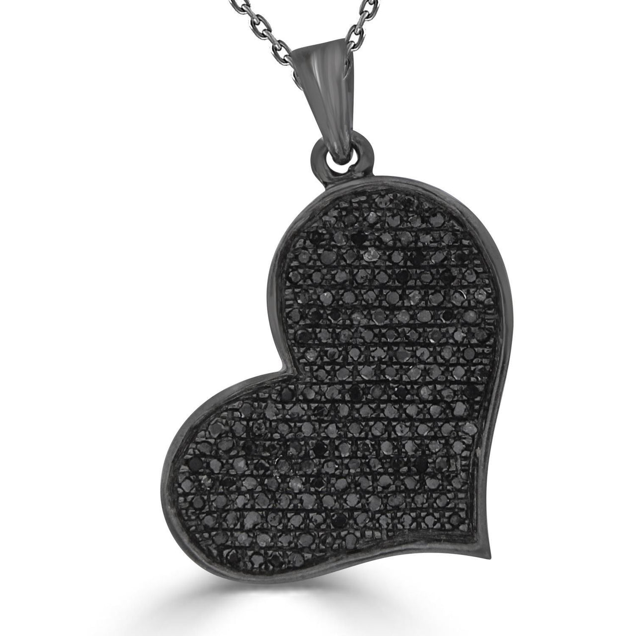 LADIES HEART PENDANT 5/8 CT BLACK ROUND DIAMOND SILVER