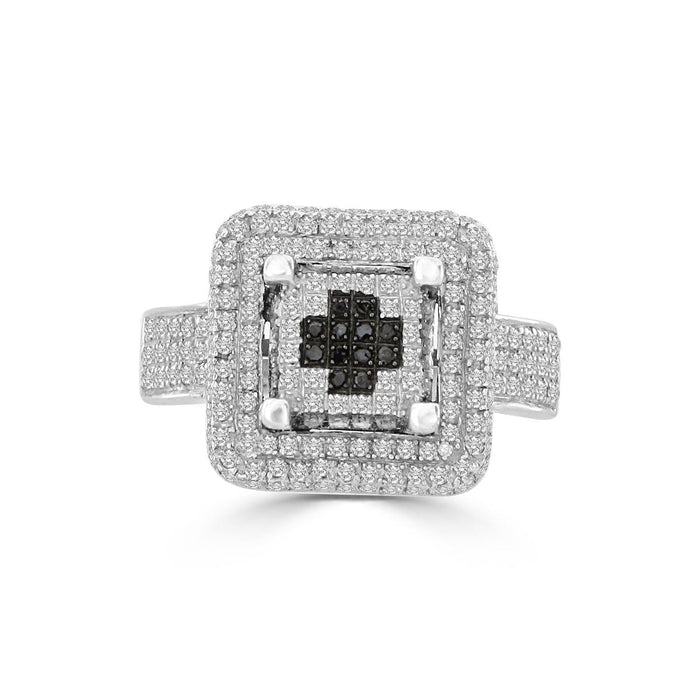 LADIES RING 7/8 CT WHITE/BLACK ROUND DIAMOND SILVER