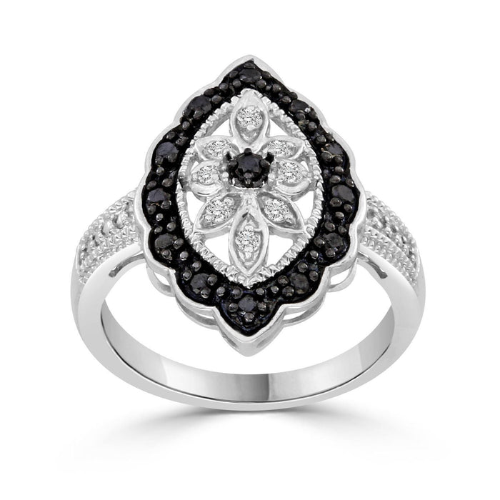 LADIES RING 1/3 CT WHITE/BLACK ROUND DIAMOND SILVER