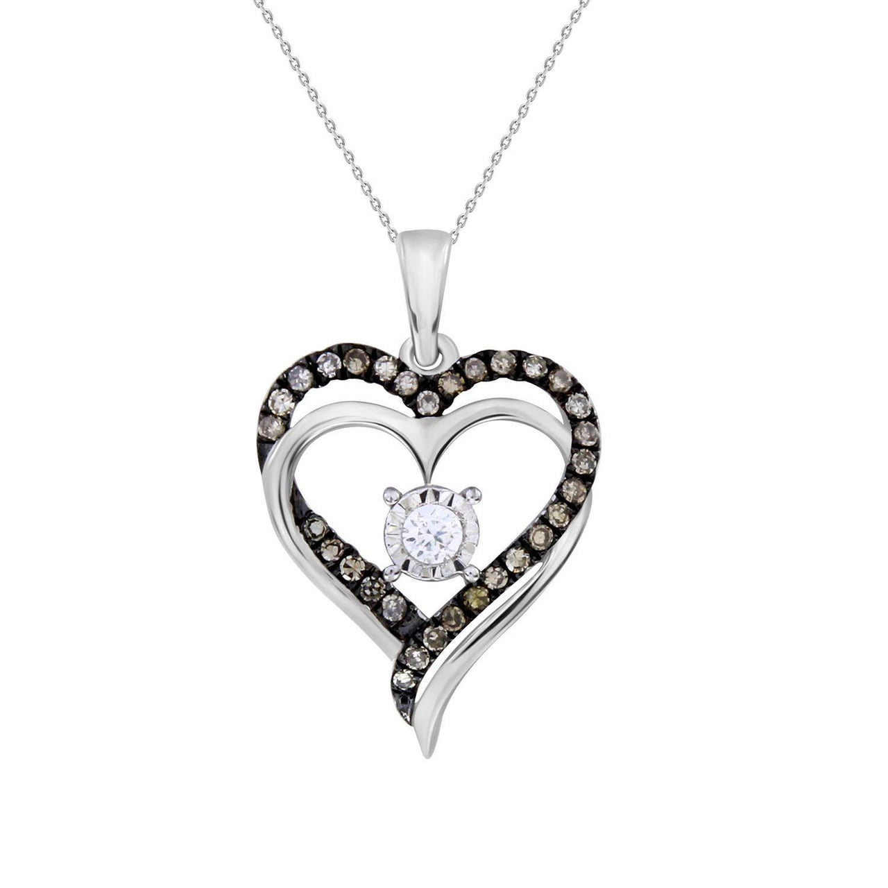LADIES HEART PENDANT 1/4 CT WHITE/CHOCOLATE ROUND DIAMOND SILVER