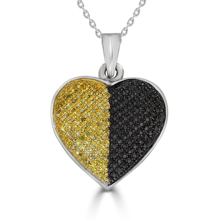 LADIES HEART PENDANT 1/4 CT BLACK/CANARY ROUND DIAMOND SILVER