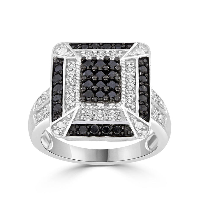 LADIES RING 7/8 CT WHITE/BLACK ROUND DIAMOND SILVER