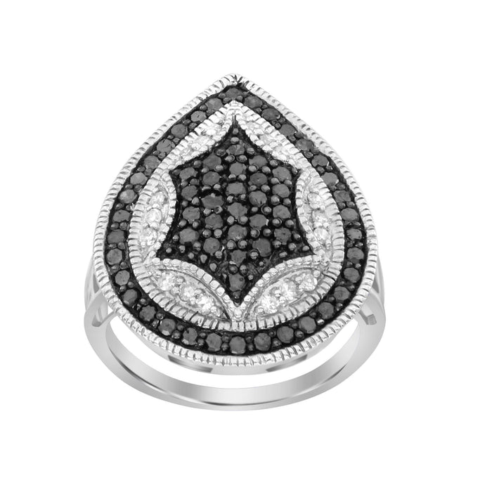 LADIES RING 1 CT WHITE/BLACK ROUND DIAMOND SILVER