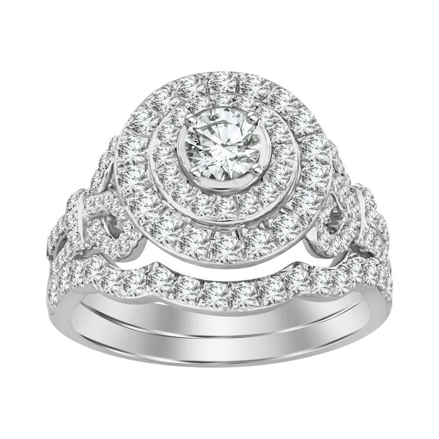 LADIES BRIDAL RING SET 1 1/2 CT ROUND DIAMOND 14K WHITE GOLD