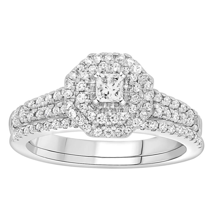 LADIES BRIDAL RING SET 3/4 CT ROUND/BAGUETTE DIAMOND 14K YELLOW GOLD