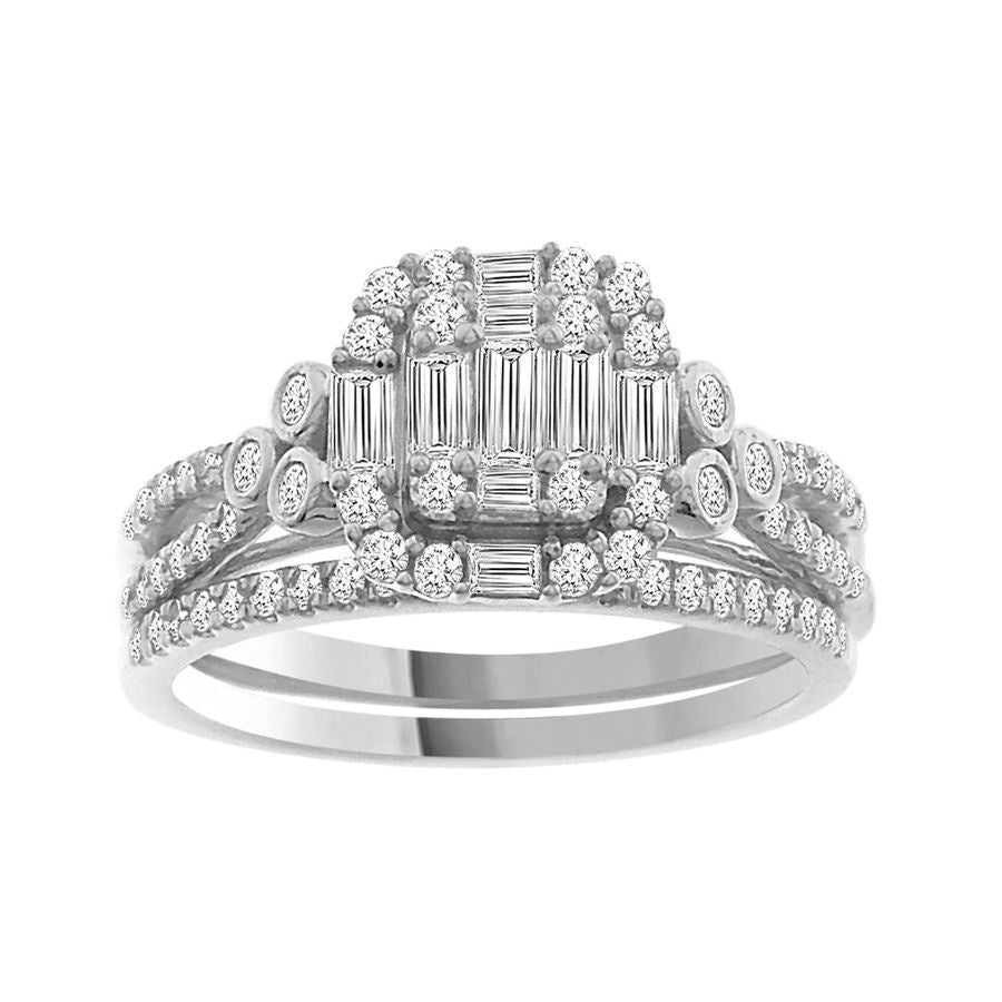 LADIES RING 3/4 CT ROUND/BAGUETTE DIAMOND 14K WHITE GOLD