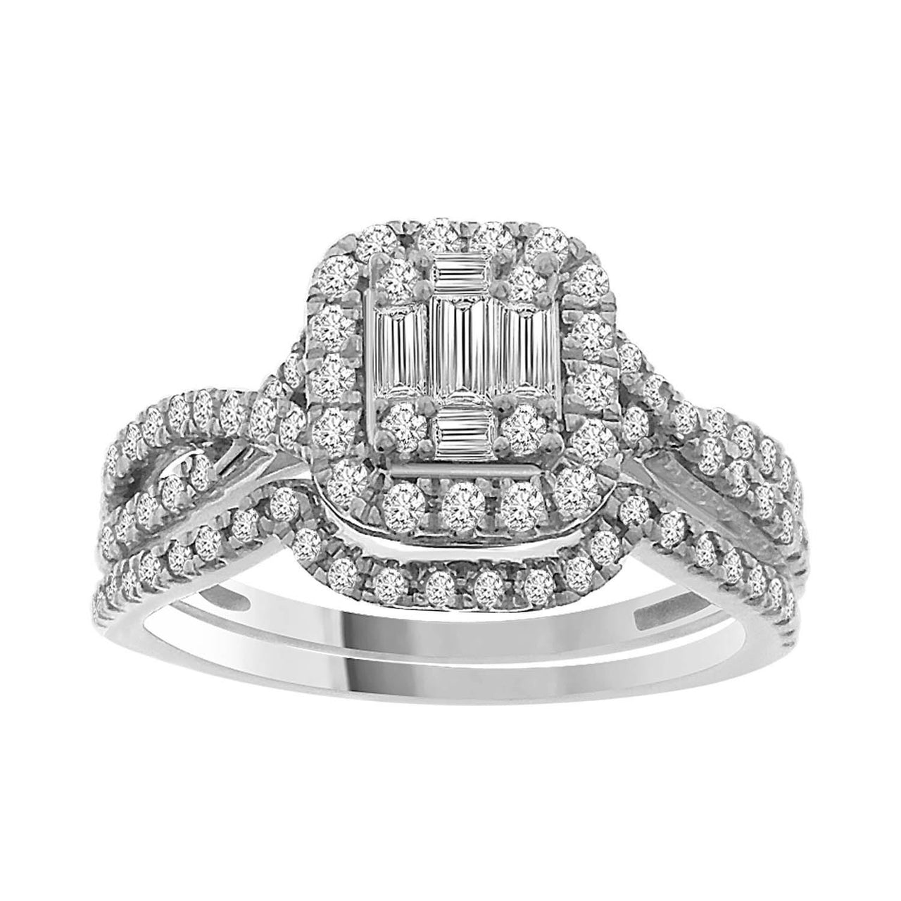 LADIES RING 3/4 CT ROUND/BAGUETTE DIAMOND 14K WHITE GOLD