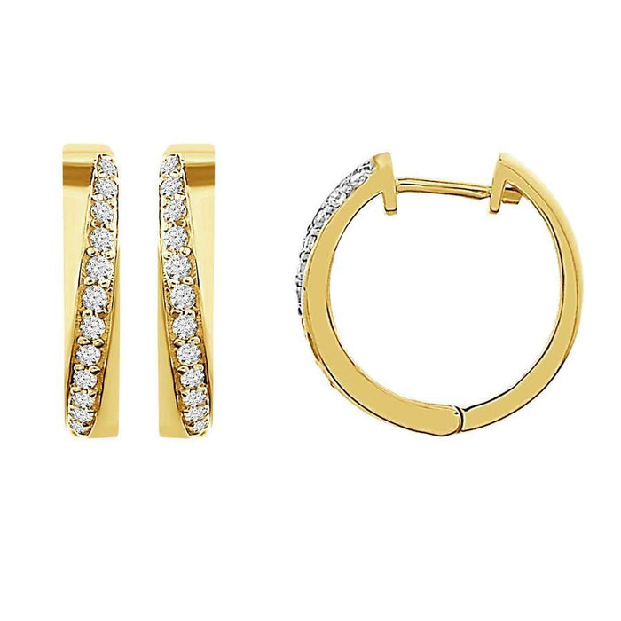 LADIES HOOPS EARRING 1/4 CT ROUND DIAMOND 10K YELLOW GOLD