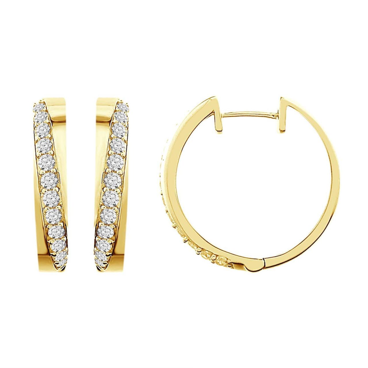 LADIES HOOPS EARRING 1 CT ROUND DIAMOND 10K YELLOW GOLD