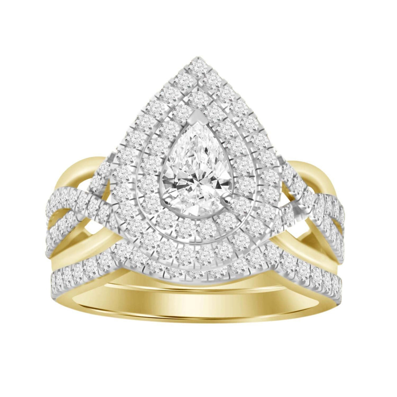 LADIES BRIDAL RING SET 1 CT ROUND/PEAR DIAMOND 14K YELLOW GOLD