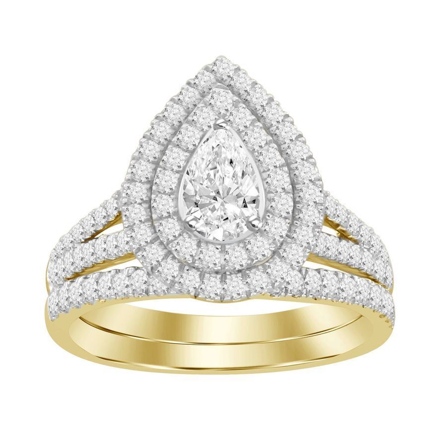 LADIES BRIDAL RING SET 1 CT ROUND/PEAR DIAMOND 14K YELLOW GOLD