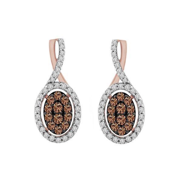 LADIES EARRINGS 3/4 CT CHOCOLATE/WHITE ROUND DIAMOND 10K ROSE GOLD