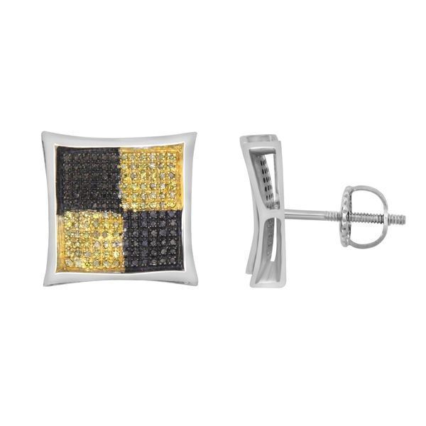 LADIES EARRINGS 1/2 CT BLACK/CANARY ROUND DIAMOND SILVER