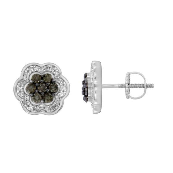 LADIES EARRINGS 1/3 CT WHITE/CHOCOLATE ROUND DIAMOND 10K WHITE GOLD